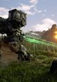 A battle-ready mech fires green lasers in a vibrant, scenic landscape, showcasing high-stakes gameplay and action.