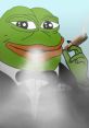 Pepe the Frog in a tuxedo, enjoying a cigar, surrounded by a misty atmosphere, evoking a confident and humorous vibe.