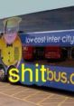 Colorful intercity bus promoting low-cost travel, featuring humorous branding and a playful character design.