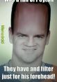 Humorous meme featuring a man with an exaggerated forehead, making a playful comment about his appearance.