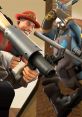 Exciting showdown with a TF2 character wielding a shotgun while a teammate readies their weapon in a thrilling battle scene.