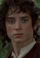 Close-up of Frodo, a key character from "The Lord of the Rings," with expressive blue eyes and curly hair in a forest setting.