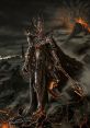 Sauron, the Dark Lord, stands menacingly in an ash-covered land, wielding a spear amidst volcanic eruptions and darkness.