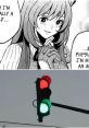 Anime meme featuring a character expressing emotions alongside a traffic light displaying red and green signals.