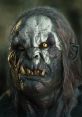 Intense portrayal of a fierce Uruk-hai warrior, showcasing menacing features and haunting yellow eyes.