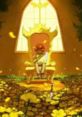 A character sits on a golden throne surrounded by flowers, illuminated by warm light, evoking a whimsical atmosphere.