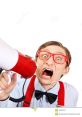 Man with red glasses shouting into a megaphone, expressing loud enthusiasm and excitement in a comical setting.