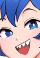 Cheerful anime character with blue hair and sharp teeth, perfect for catchy YouTube intro songs and vibrant content.