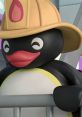 Pingu in a firefighter hat, ready for action, promoting safety and fun in The Pingu Works children's series.