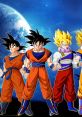 Goku in various forms, showcasing iconic Dragon Ball Z transformations against a cosmic background.