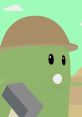 Mishap character from Dumb Ways to Die, wearing a helmet and holding a hammer against a bright green background.