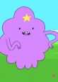 Lumpy Space Princess playfully poses in a vibrant landscape, showcasing her iconic purple form and star-shaped accessory.