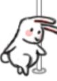 Cute cartoon bunny character playfully hanging from a pole, featuring blush cheeks and a cheerful expression.