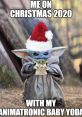 Funny Christmas meme featuring Baby Yoda in a Santa hat with the caption about celebrating Christmas 2020.