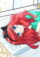 Cute anime girl with vibrant red hair and blue eyes, lying peacefully, perfect for "Female Voice by DarkNightPrincess" effects.