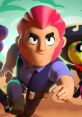 Dynamic Brawl Stars character with pink hair charging forward, showcasing vibrant artwork and action-packed atmosphere.