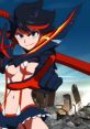 Ryuuko Matoi from Kill La Kill strikes a confident pose, showcasing her iconic outfit amid a chaotic backdrop.