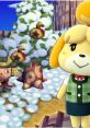 Player character in Animal Crossing gathers items near a snowy tree, with Isabelle cheerfully guiding the adventure.