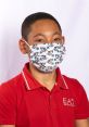 Young boy wearing a colorful Kabouter Wesley face mask, smiling, in a red polo shirt against a plain background.