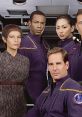 Star Trek crew in purple uniforms, showcasing diversity and teamwork aboard a starship in a futuristic setting.