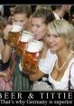 Three women holding large beer mugs, enjoying a festive atmosphere, celebrating German culture and humor.