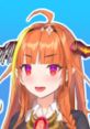 VTuber character with orange hair and vibrant eyes, showcasing a playful expression against a blue background.