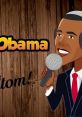 Cartoon character resembling Obama speaking into a microphone, promoting engagement and entertainment themes.