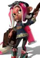 Stylish Octoling character with pink hair and vibrant sneakers, holding books and an ink container, embodying urban culture.