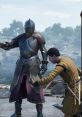 Knight in armor gestures while a man in a yellow outfit admires the design, showcasing "Mordhau Voices - Plain" style.