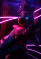 Glamrock Chica rocks out with a guitar, illuminated by vibrant neon lights in a dynamic, energetic setting.