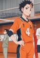 Smiling character in orange volleyball uniform confidently declares his leadership role, set in a vibrant gymnasium for Haikyuu fans.