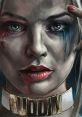 Close-up of Harley Quinn with "PUDDIN'" collar, bold makeup, and striking blue eyes, embodying her iconic, edgy style.