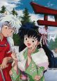 Inuyasha and Kagome share a joyful moment near a traditional torii gate, showcasing their adventurous bond and vibrant personalities.