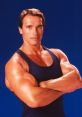 Arnold Schwarzenegger showcasing impressive arm muscles, exuding confidence in a sleeveless tank top against a blue background.