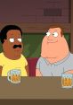 Cleveland and Joe enjoy drinks at the bar in a scene from Family Guy, showcasing their friendship and humor.