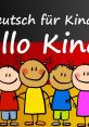 Colorful illustration promoting German language learning for children, featuring happy cartoon kids holding hands.