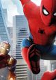 Spider-Man swinging into action alongside Iron Man in a vibrant cityscape, showcasing superhero teamwork and adventure.