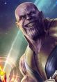 Thanos grinning menacingly, holding the Infinity Gauntlet, with a cosmic background highlighting his power and presence.