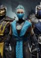 Mortal Kombat characters featuring a blue-clad fighter and their iconic opponents ready for battle in a dark setting.