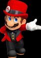 Mario, dressed in a red top hat and tuxedo, playfully gestures, showcasing his iconic charm and style from the Super Mario series.