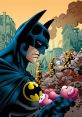 Batman solemnly holds toy bears amid a disaster scene, showcasing his compassion amidst city devastation.