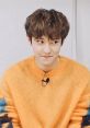 Cheerful young artist in a cozy orange sweater, known for his charming presence, radiating "Super Idol" vibes.