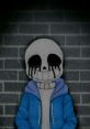 Sans character with a playful grin, wearing a blue hoodie, against a dark brick wall background. Popular from Undertale.