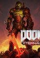 Doom Slayer stands ready for battle in Doom Eternal, wielding a glowing sword against the backdrop of a hellish landscape.