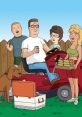 Hank Hill enjoys a barbecue with friends while sitting on his lawnmower, embodying classic "King of the Hill" humor.