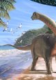 A large dinosaur stands by the beach, observing flying birds against a lush, prehistoric landscape.