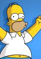 Cheerful cartoon character Homer Simpson celebrating with arms raised, wearing a white shirt against a blue background.