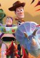 Woody and Buzz Lightyear face challenges with a Triceratops in a vibrant Toy Story scene featuring dinosaur friends.