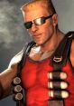 Duke Nukem in a muscular pose, wearing sunglasses and a red tank top, ready for action with explosive gear.