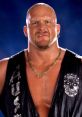 Iconic wrestler Stone Cold Steve Austin with a fierce expression, showcasing his signature black vest and gold accessories.